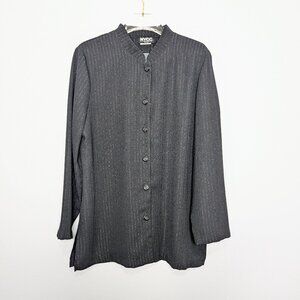 Vintage 90's Black Mandarin Collar Metallic Pin Stripe Top Long Sleeve Button Up